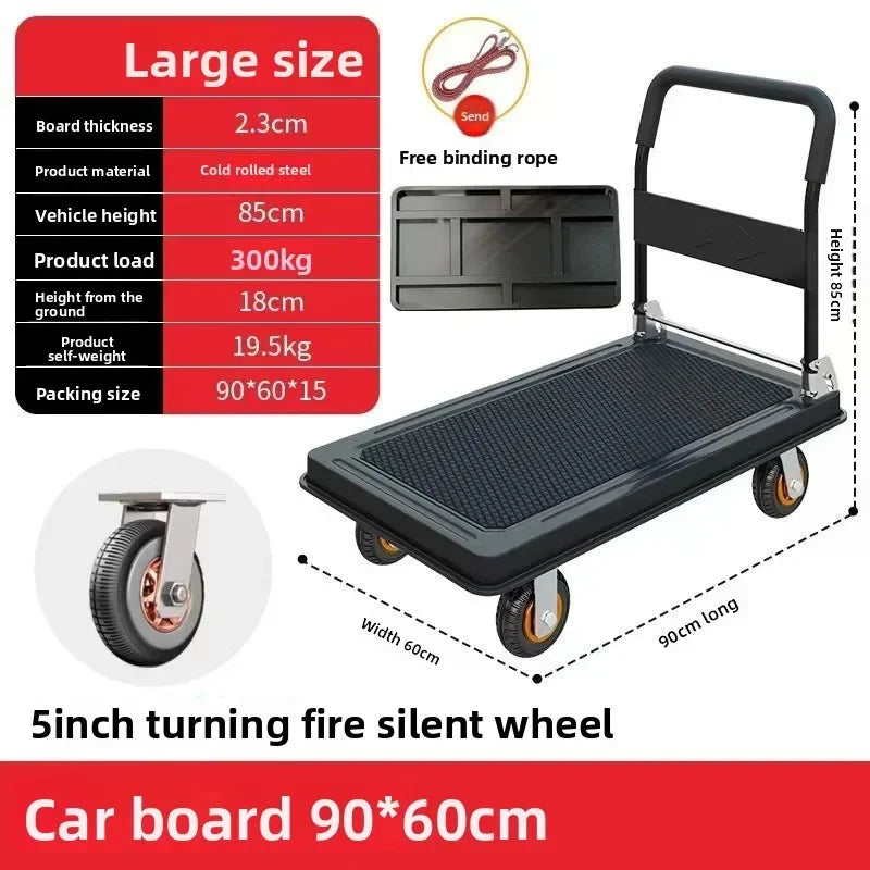 Multi-functional Silent trolley Steel trolley Pull goods Folding flatbed truck Small trailer Truck Supermarket storage Oasis Select Black-C-60-90-5