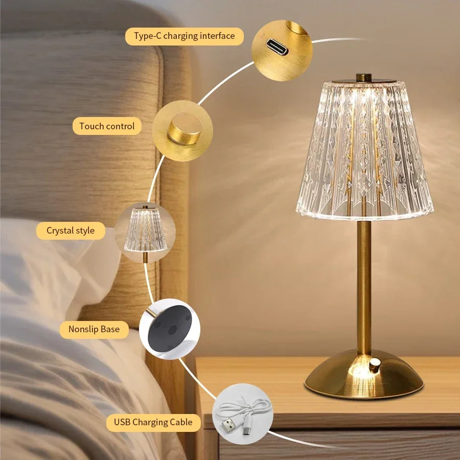 Rechargeable Crystal LED Table Lamp Touch Sensor Desk Light 3 Color Dimmable For Bedroom Bar Hotel Atmosphere Room Decor Lightin Oasis Select
