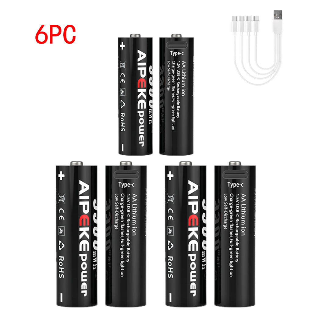 AIPEKE USB Aa rechargeable batteries 3300mWh aa lithium rechargeable batteries 1.5v for Hunting Camera Remote Control Mouse Oasis Select USB AA 3300MWH 6PC 1.5V