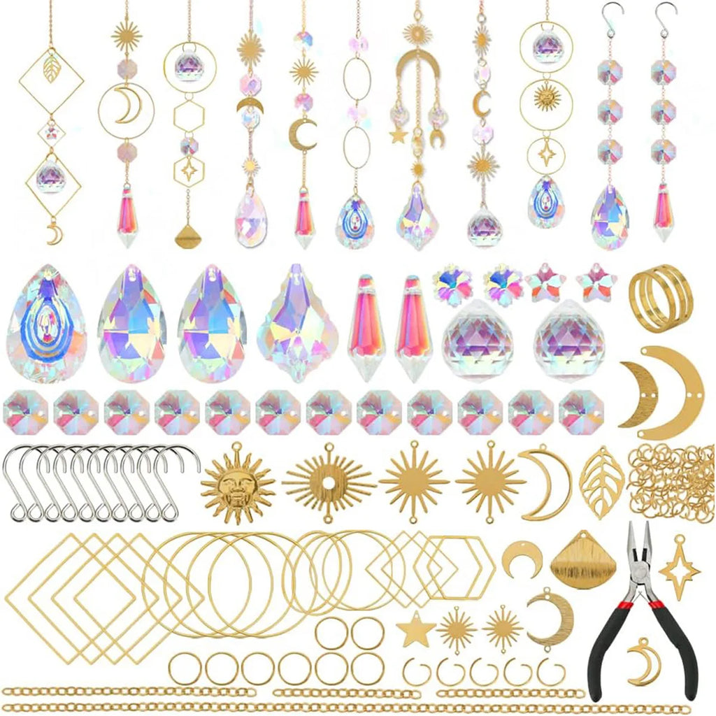 Crystal Suncatcher DIY Kit 200+Pcs Gold Jewelry Making Supplies with Prisms Tools Non-Toxic Boho Decor Gift Sensory Craft Gift Oasis Select Gold