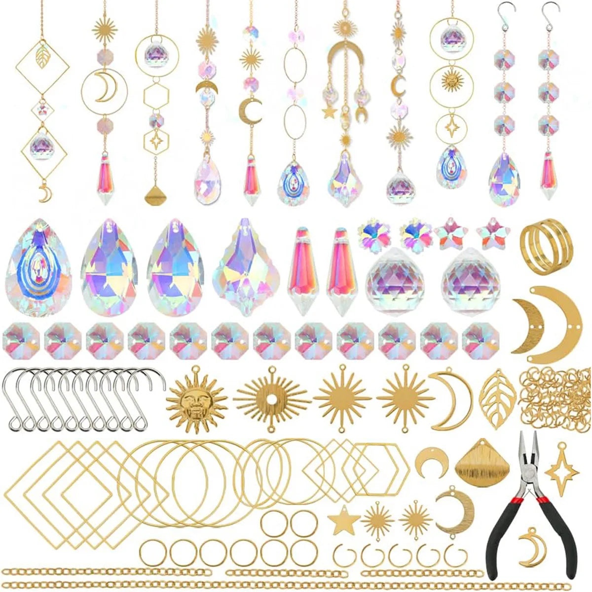 Crystal Suncatcher DIY Kit 200+Pcs Gold Jewelry Making Supplies with Prisms Tools Non-Toxic Boho Decor Gift Sensory Craft Gift Oasis Select Gold