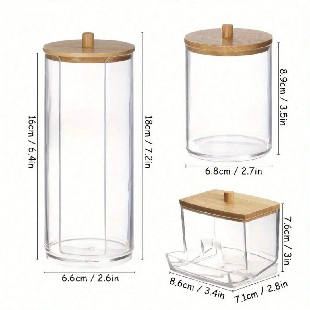 3pcs/set Makeup Coton Storage Box, Bamboo Lid Coton Swab Box, Portable Dust-Proof Transparent Placement Box, Bathroom Vanity Oasis Select 3pcs