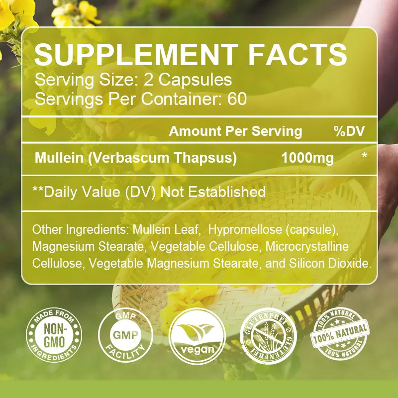 BEWORTHS Natural Mullein Leaf Capsules Support Immune and Digestive Health Lung Cleansing Relieve Asthma,Respiratory & Cough Oasis Select