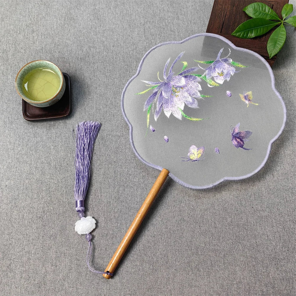 Flower Embroidered Silk Round Fan Chinese Hand Fans with Wooden Handle Tassel Wedding Party Dance Accessories Home Decor Oasis Select Style 6
