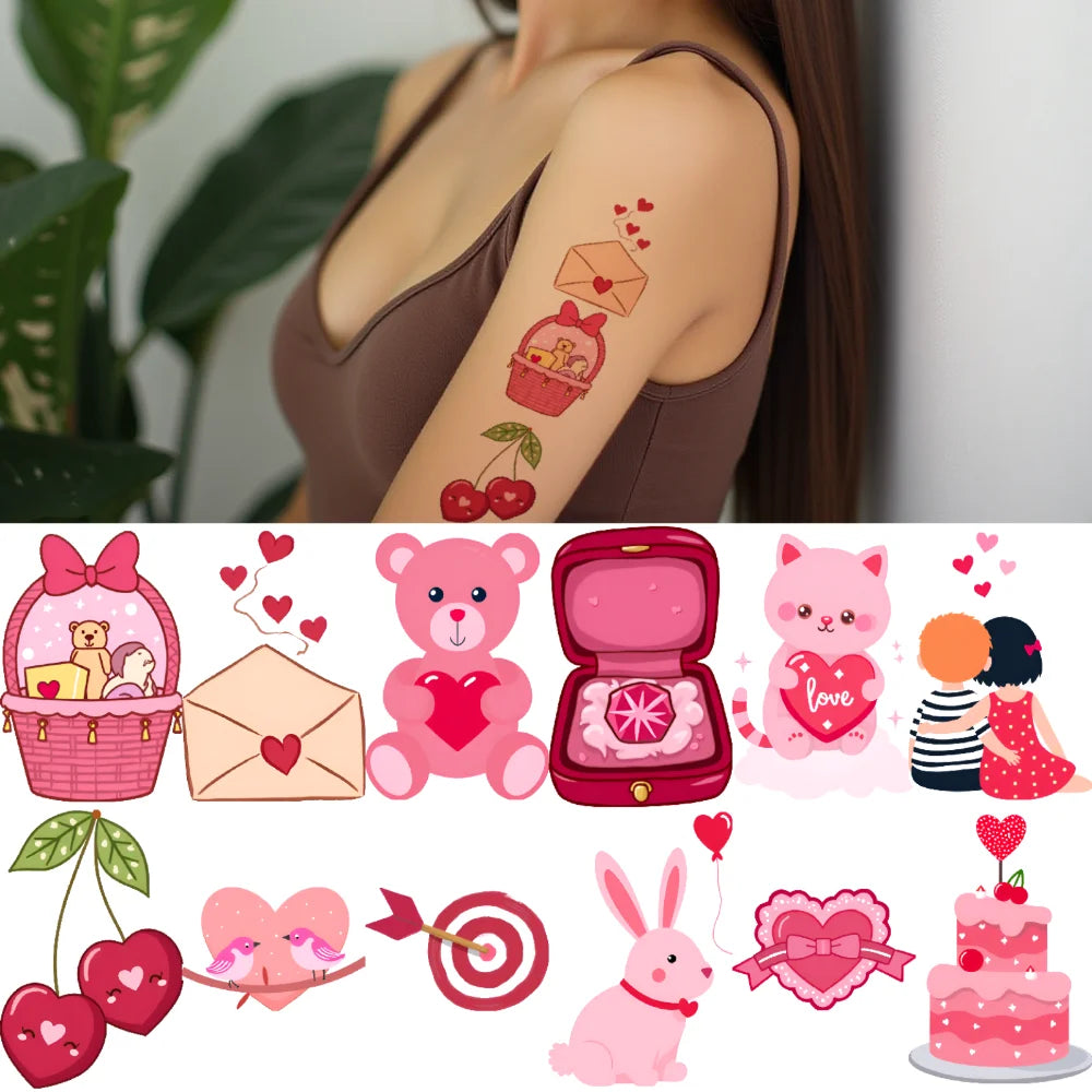 63pcs Waterproof Temporary Tattoo Stickers – Hearts, Bears & Balloons