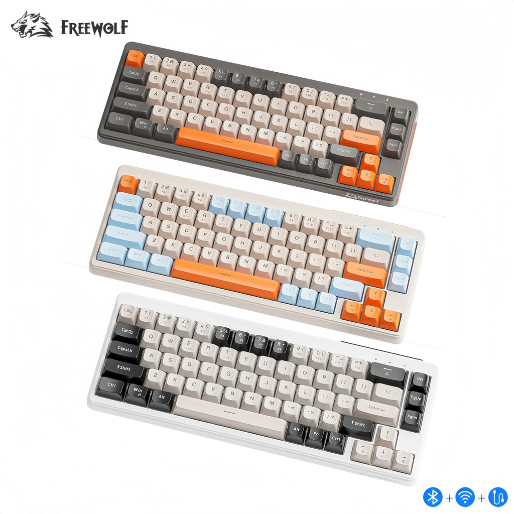 FREEWOLF M68 Three-mode BT/2.4G/Wired Keyboard, 2000mAh Battery, Colorful Rainbow Backlit, Durable PBT Keycaps, Double Leg Brace Oasis Select