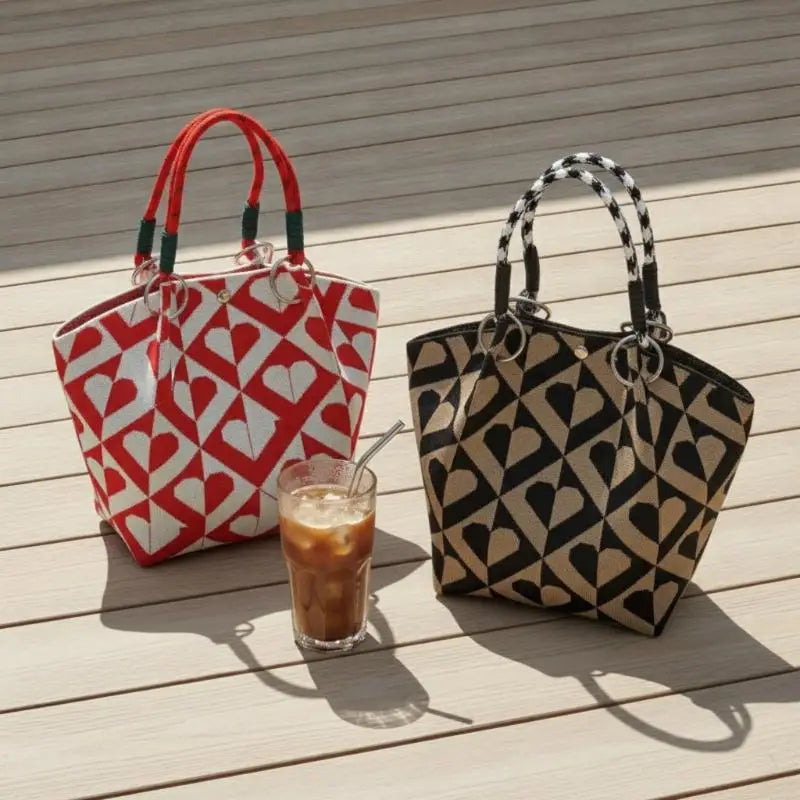 Women's Vintage Knit Tote Bag Storage Bag Lightweight With Metal Rings Snap Closure For Casual Travel Handbag Oasis Select