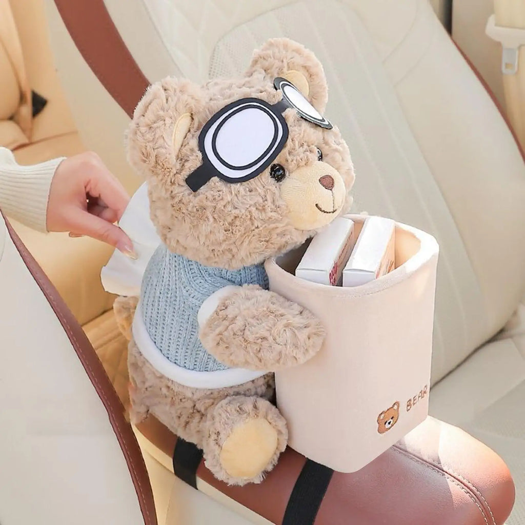 2-in-1 Car Tissue Box Vehicle Armrest trash Can Leakproof Plush Bear Tissue Holder And Trash Can car Storage car Interior Oasis Select