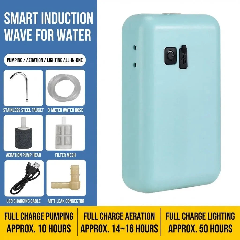 USB Rechargeable Intelligent Electric Oxygenator Portable Oxygen Pump Outdoor Fishing Water Sucker LED Lighting Fishing Gear Set Oasis Select Sensor model-Blue
