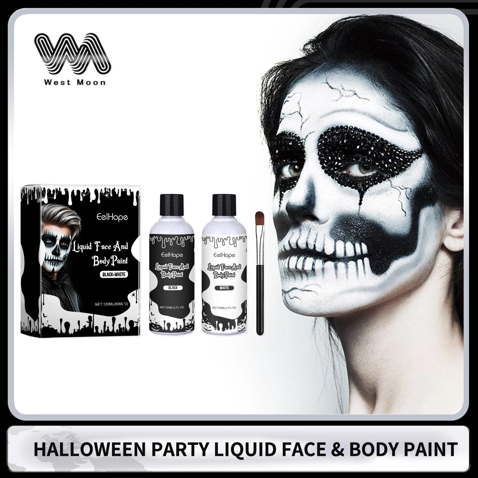 Halloween Party Liquid Face and Body Paint Black White High Coverage Long Lasting Color Vampire Makeup DIY for Paint Party 120ml Oasis Select
