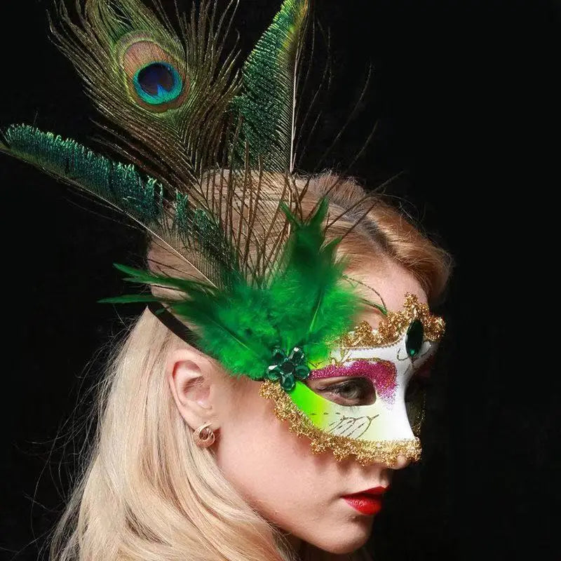 Masquerade Mask Women Peacock Feather Mask Mardi Gras Mask Fashion Blue Green Metal Shiny Rhinestone Halloween Party Oasis Select
