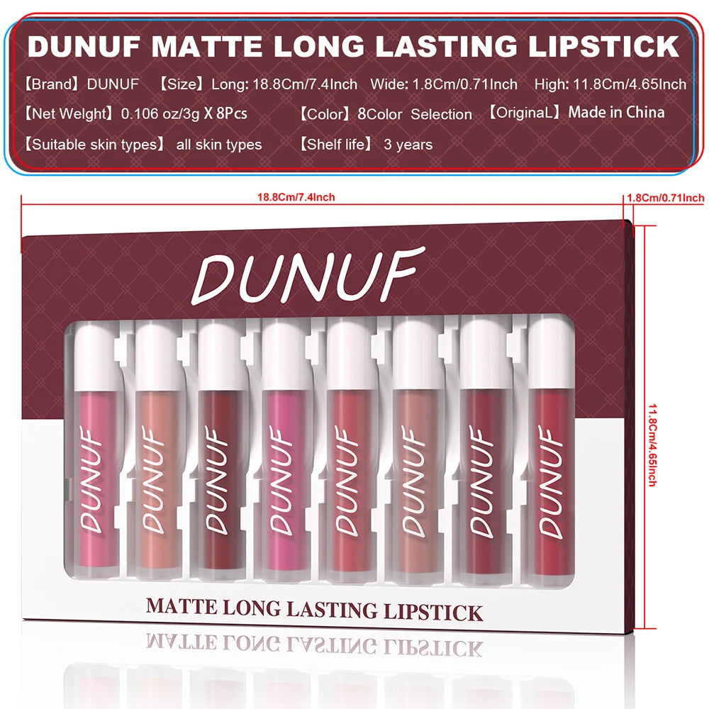 DUNUF 8Pcs Matte Liquid Lipstick Set - Long Lasting Waterproof Non-Stick Nude Red Tint Lip Glaze Kit Oasis Select