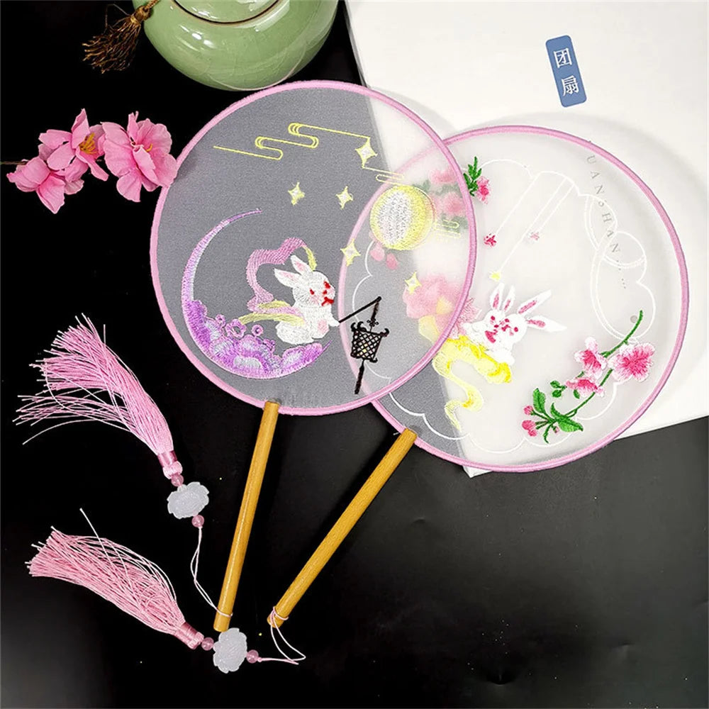 Round Double Sided Embroidery Fan Chinese Style Wooden Handle Embroidery Round Fan with Pendant Handheld Flower Silk Fan Oasis Select