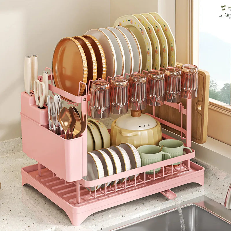 Bowl rack, kitchen rack, countertop, bowl and chopsticks drain basket, pink bowl rack, drain storage rack. Oasis Select Pink full set