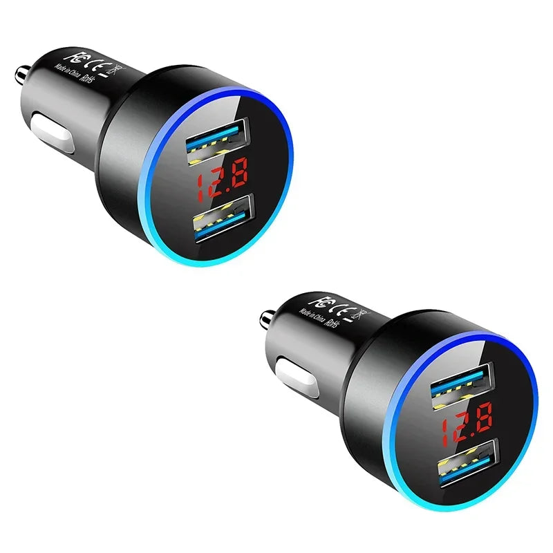 1/2pcs Car Charger For Cigarette Lighter Smart Phone USB Adapter Mobile Phone Charger Dual USB Digital Display Voltmeter Oasis Select Black 2pcs