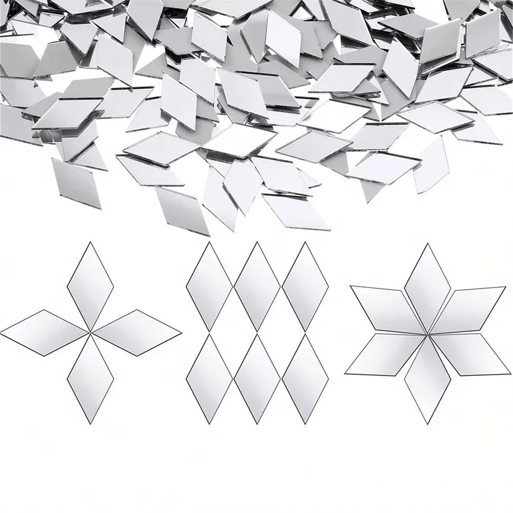 200PCS Multi Shape DIY Craft Mirror Stickers Round Square Triangle Diamond Heart Waterdrop Mirror Tiles Decals Adhesive Backing Oasis Select diamond