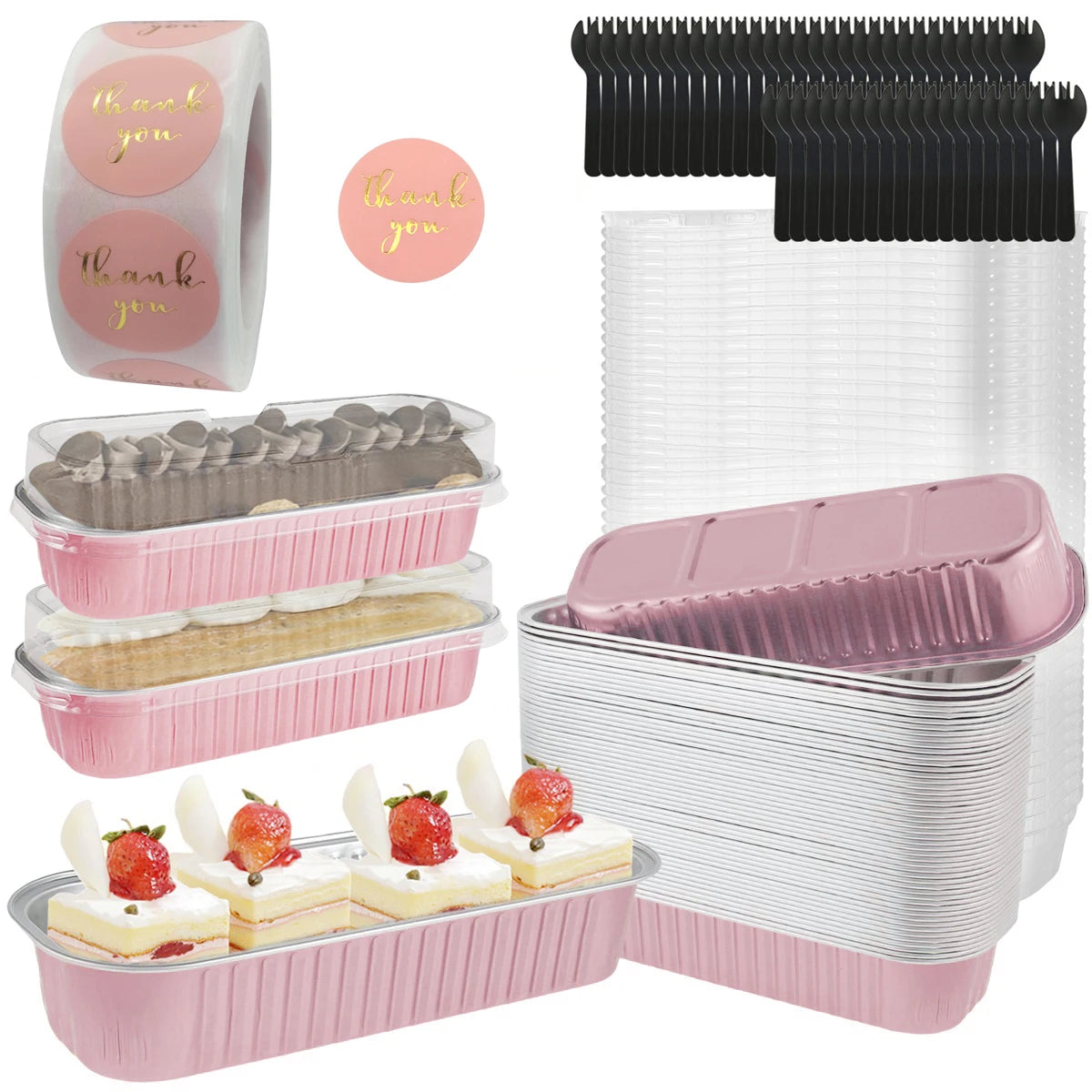 50-Set Mini Aluminum Foil Loaf Pans with Lids & Spoons 6.8oz Aluminum Foil Bakeware Oasis Select Pink