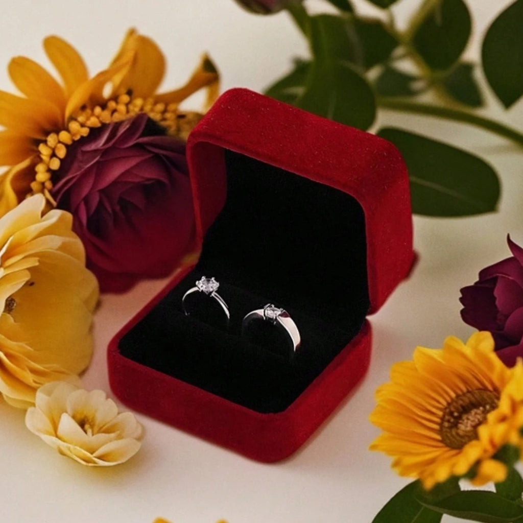 1PC Red Velvet Ring Box Wedding Pair Ring Box Diamond Ring Box Proposal Velvet Double Ring Box Wedding Props (Ring on display no Oasis Select