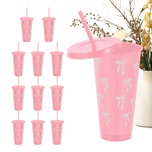 straw cup 12Pcs Reusable Party Cups with Straw Lid For Ice Coffee Juice Tea Cute Bowknot Plastic Cups Portable Drinking Cups Oasis Select