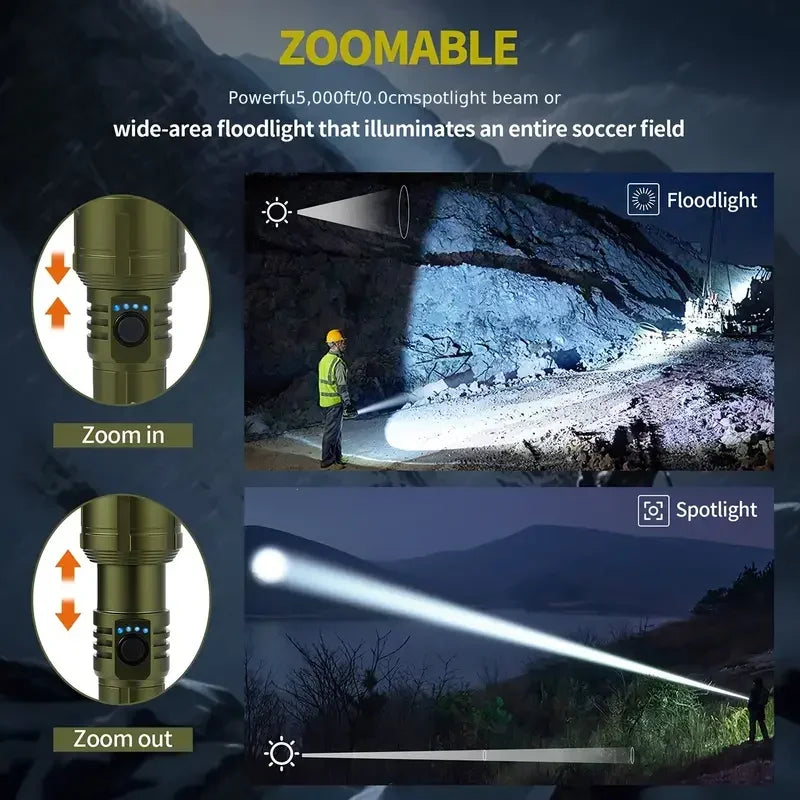 Powerful LED Flashlight USB C Rechargeable with Fresnel Lens Flashlight Super Bright Aluminum Zoom Torch Emergency Power Bank Oasis Select