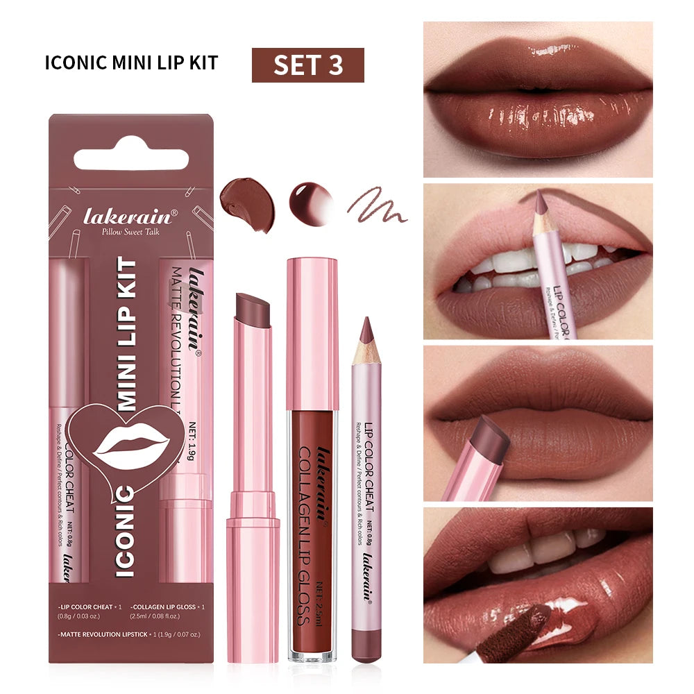Lipliner&Lipstick Lip Gloss Set 3pcs/set Waterproof Long Lasting Lip Makeup Matte Travel Mini Set Women's Makeup Cosmetics Oasis Select set3