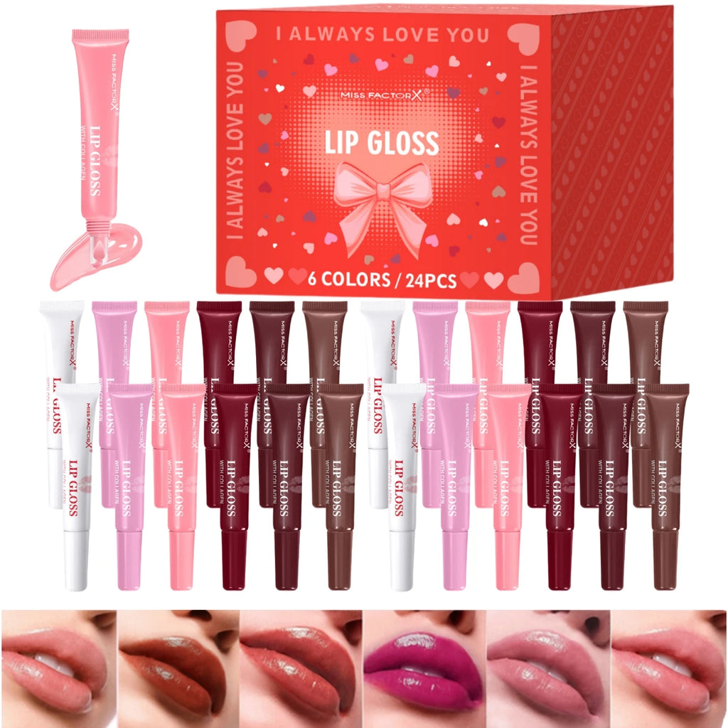 Premium gift set 24PCS/box Lip gloss set Long-lasting moisturizing Lip color modification Perfect gift for women Valentine’s Day Oasis Select