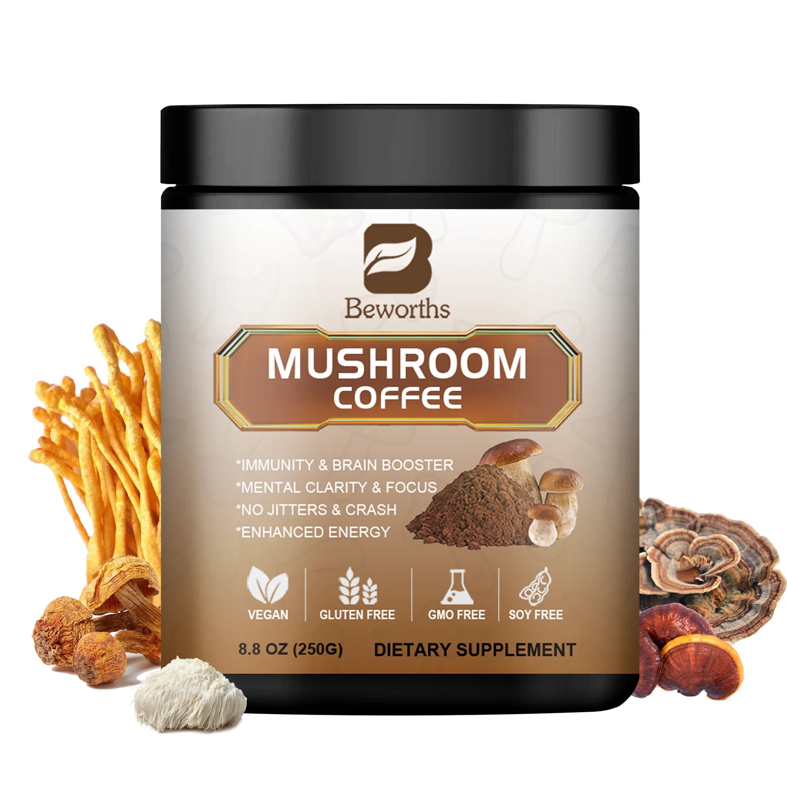 BWEORTHS 70/120/250G Mushroom Coffee Mixed Reishi&Lion's Mane Mushrooms Support Immunity&Focus Health Boost Memory NO-GMO Oasis Select 250g United States