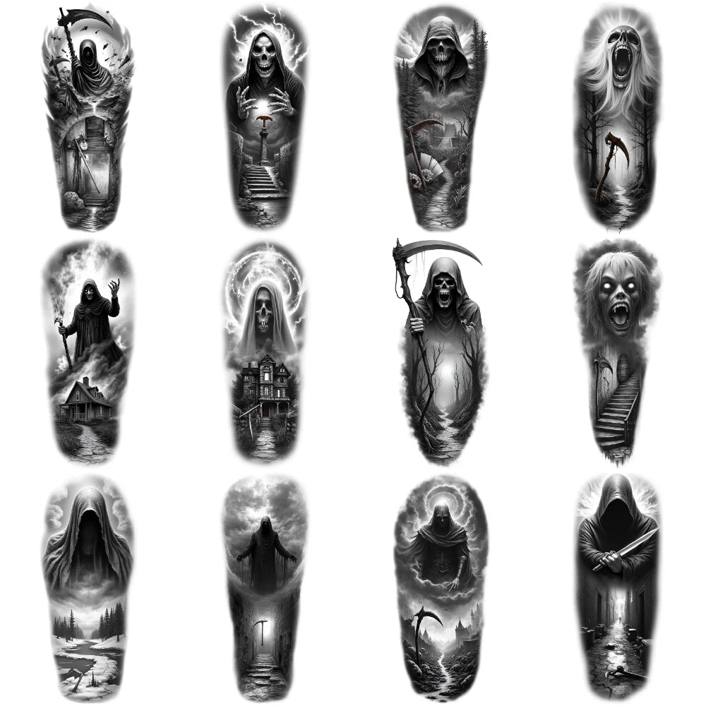 12pcs Halloween Temporary Tattoos – Grim Reaper, Vampire & Witch