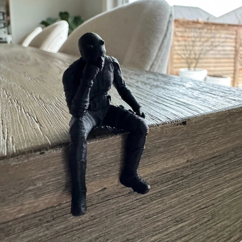 Black Tactical Masked Figurine 3D Printed Seated Contemplative Pose Honme Desk Ornament for Home Office Gaming Setup Decor Gifts Oasis Select