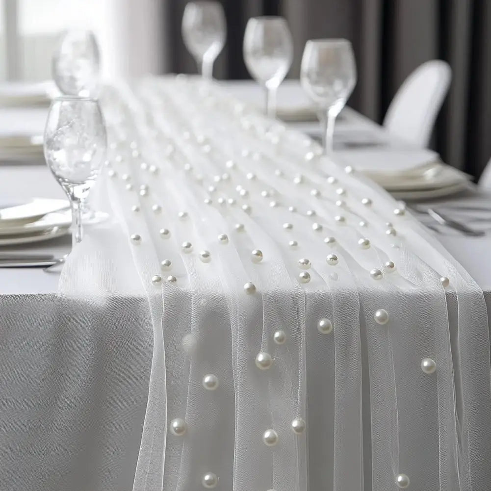Pearl Beaded Tulle Table Runner – Wedding & Party Decor