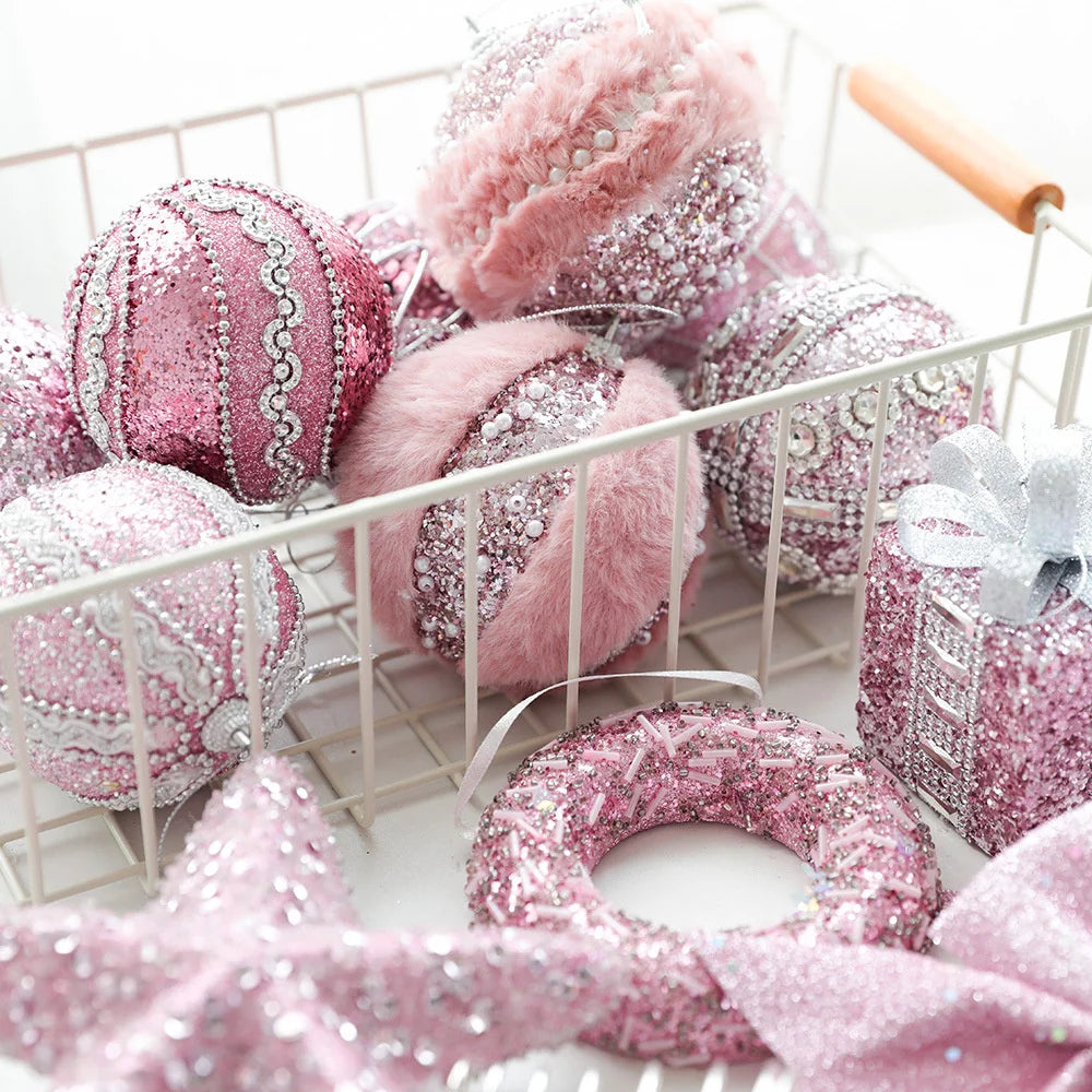 Christmas Tree Ornaments Pink Foam Ball Bow Tree Top Star Xmas Tree Hangings Pendant Party Decorations Supplies 2025 New Year Oasis Select