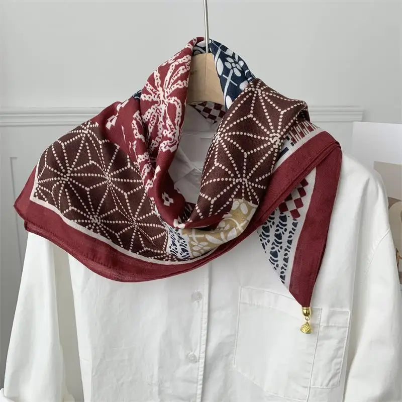 70x70 Retro Print Square Silk Scarf with Magnetic Buckle