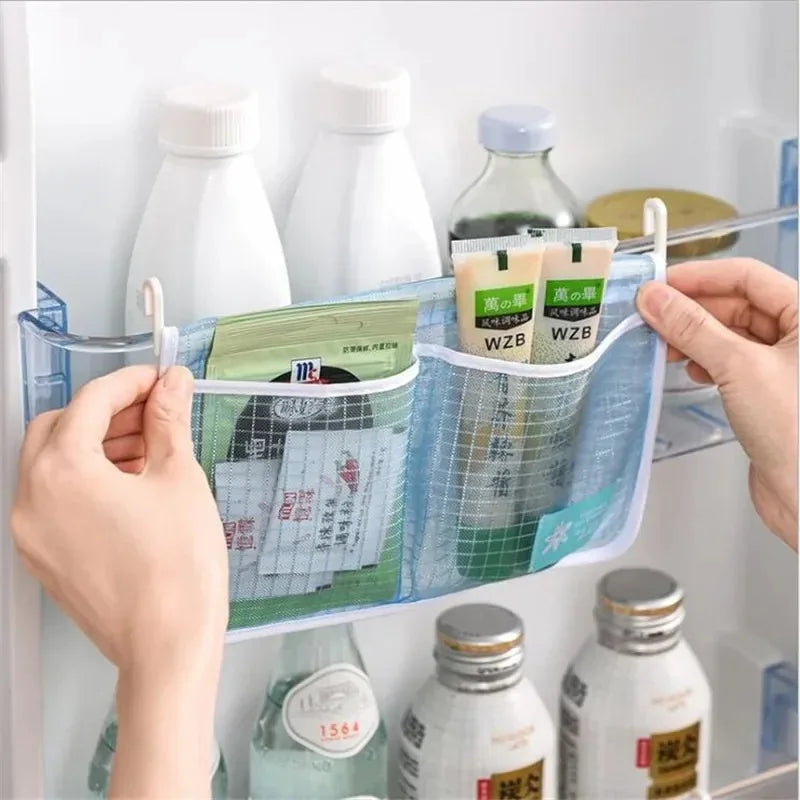 1Pcs Refrigerator Storage Mesh Bag Double Compartment Hanging Pouch Kitchen Organizer Pockets with Hook Washable Fridge Net Bag Oasis Select