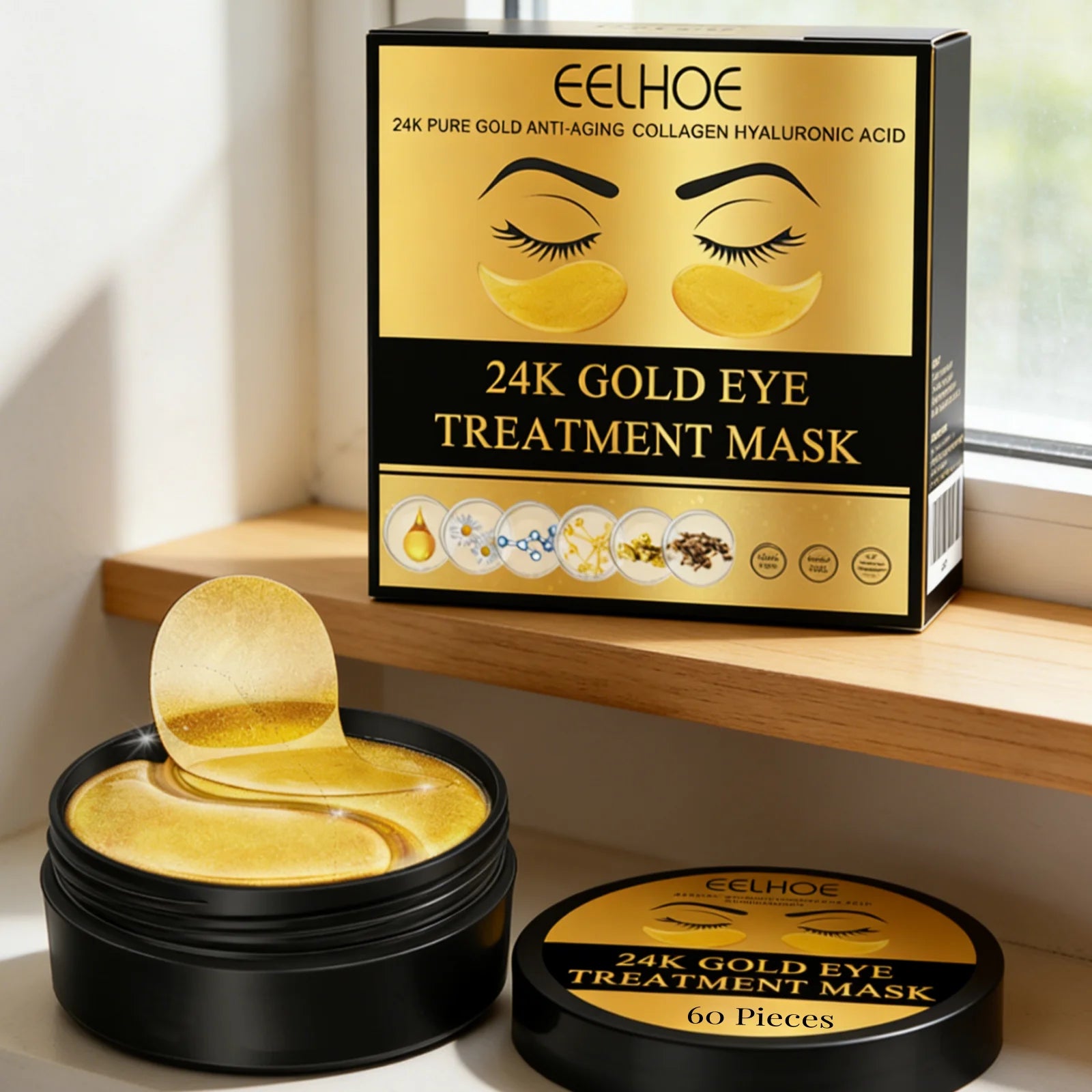 EELHOE 24k Gold Eye Treatment Mask Collagen Hyaluronic Acid Anti Wrinkle Reduce Dark Circles Daily Skin Care Under Eye Patches Oasis Select