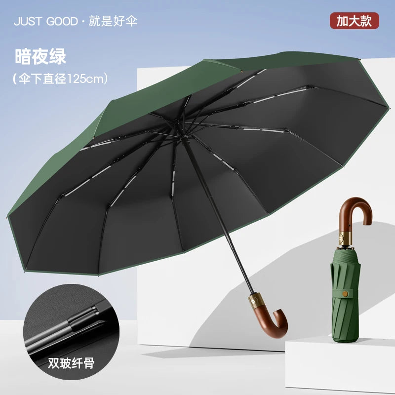 Automatic Umbrella Bent Hook Wooden Handle Umbrella Large Double Thickened Storm Resistant Umbrella Oasis Select Green 125cm 10K metal-fiber composite