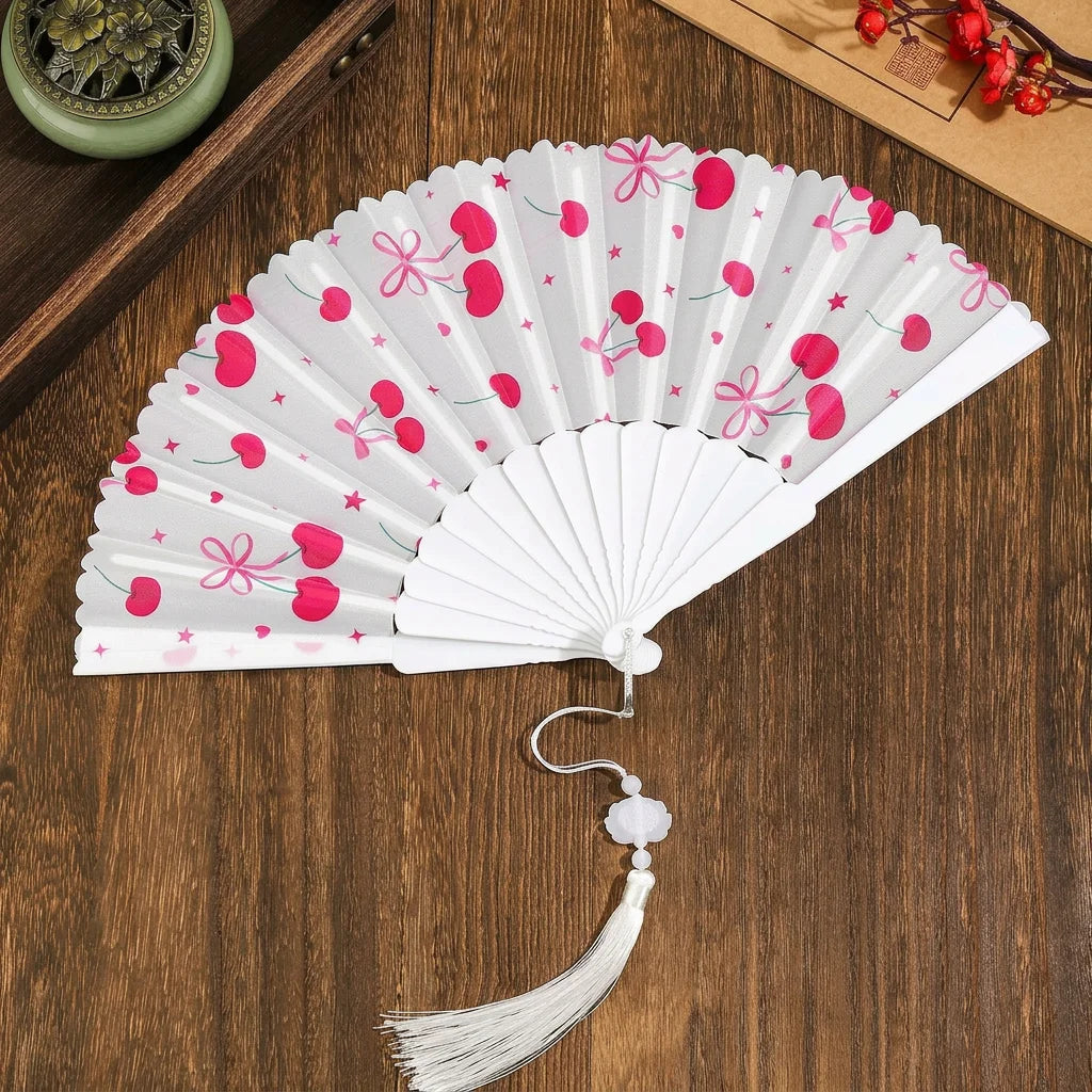 Portable Fruit Pattern Folding Hand Fan Plastic Frame Fabric Fan With Tassel Summer Cooling Fans Dance Performance Home Decor Oasis Select 6