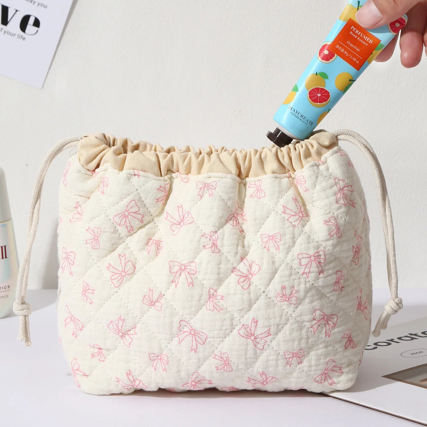 Ladies' Cotton Makeup Bag Embroidered Drawstring Storage Bag Travel Cosmetic Bags Large Capacity Hanging Toiletry Storage Bag Oasis Select A