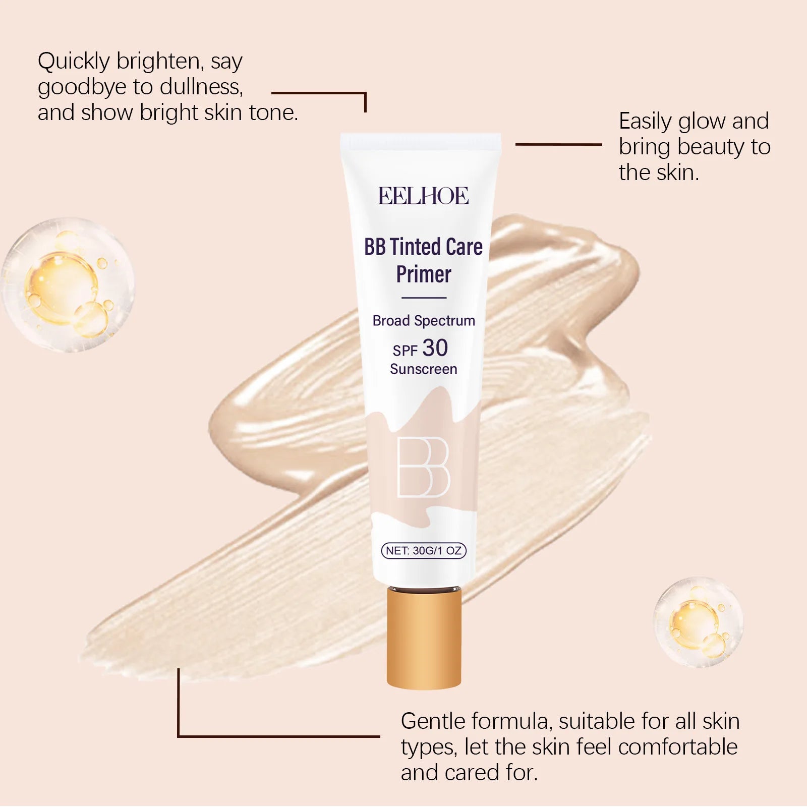 Tinted BB Cream with SPF 30 Full Coverage Invisible Pores Acne Brightening Niacinamide Nude Makeup Facial Foundation Waterproof Oasis Select