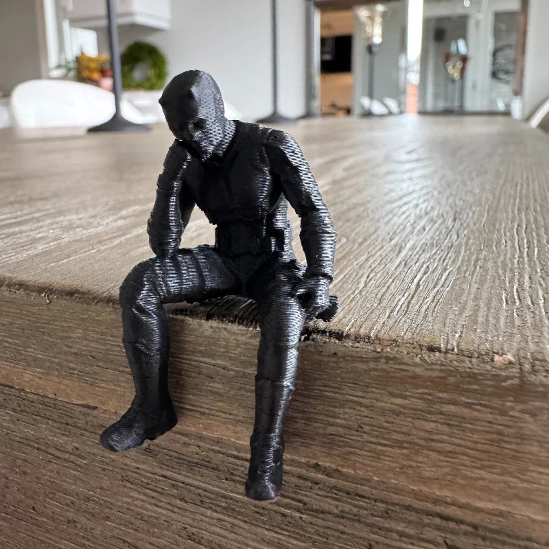 Black Tactical Masked Figurine 3D Printed Seated Contemplative Pose Honme Desk Ornament for Home Office Gaming Setup Decor Gifts Oasis Select Think black
