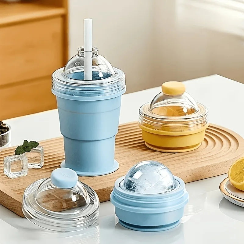 2-in-1 Portable Foldable Ice Hockey Cup, Creative Silicone Material, Whiskey Ice Cube Maker with Freezer Tray, Summer Cup Oasis Select