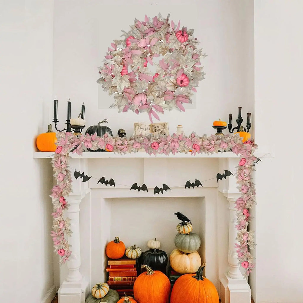 Fall Maple Leaves Garland Hanging Artificial Autumn Garland with Pink Pumpkins Flowers Berries For Halloween Thanksgiving Decor Oasis Select