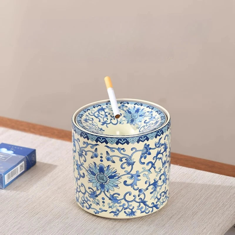 Blue and White Ru Kiln Wrapped Lotus Ashtray with Cover Fly Ash Proof Ashtray Ceramic Tea Residue Jar Tea Ceremony Accessories Oasis Select