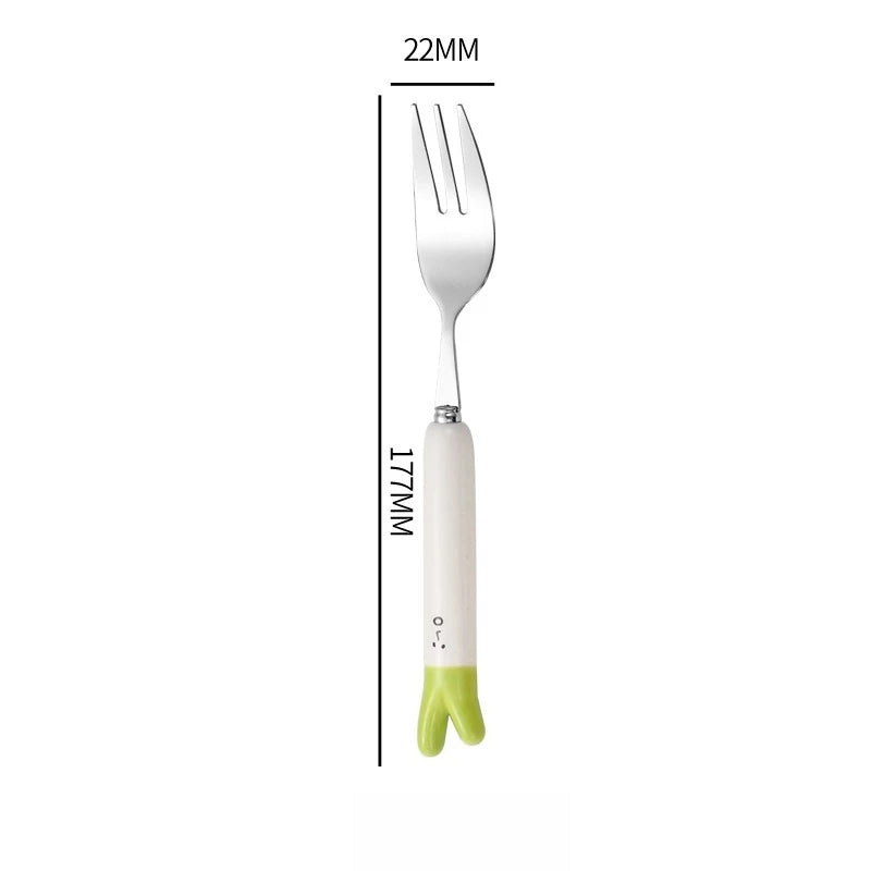 1Pcs Cute Cartoon Green Onion Stainless Steel Ceramic Tableware Creative Family Spoon and Fork Birthday Gifts for Boys Girls Oasis Select B
