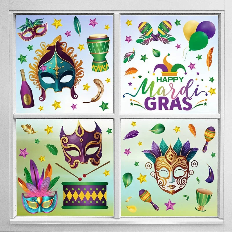 Reusable Mardi Gras Window Stickers Masquerade Mask Feather Pattern Glass Door Decor Festival Party Supplies Carnival Decoration Oasis Select