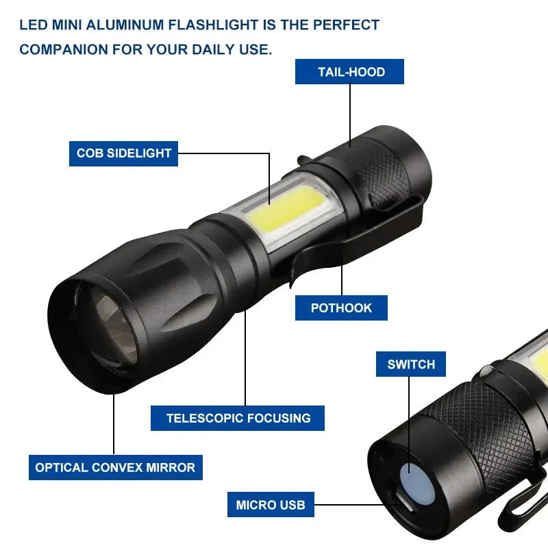 Mini Torch LED Rechargeable Flashlight Portable USB Charging Flashlight High Power Bank Camping Waterproof Long Range Lantern Oasis Select