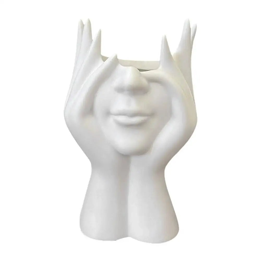 Pen Holder & Desk Decor White Abstract Face Sculpture with Hands, Modern Office Desktop Organizer for Pens, Makeup Brushes Oasis Select A
