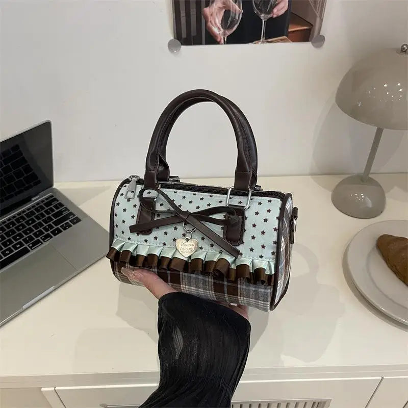 Retro Sweetheart Polka Dot Cylinder Handbag Bow Decor Crossbody Handbag Fashion Korean Kawaii Brown Small Shoulder Bag Oasis Select A