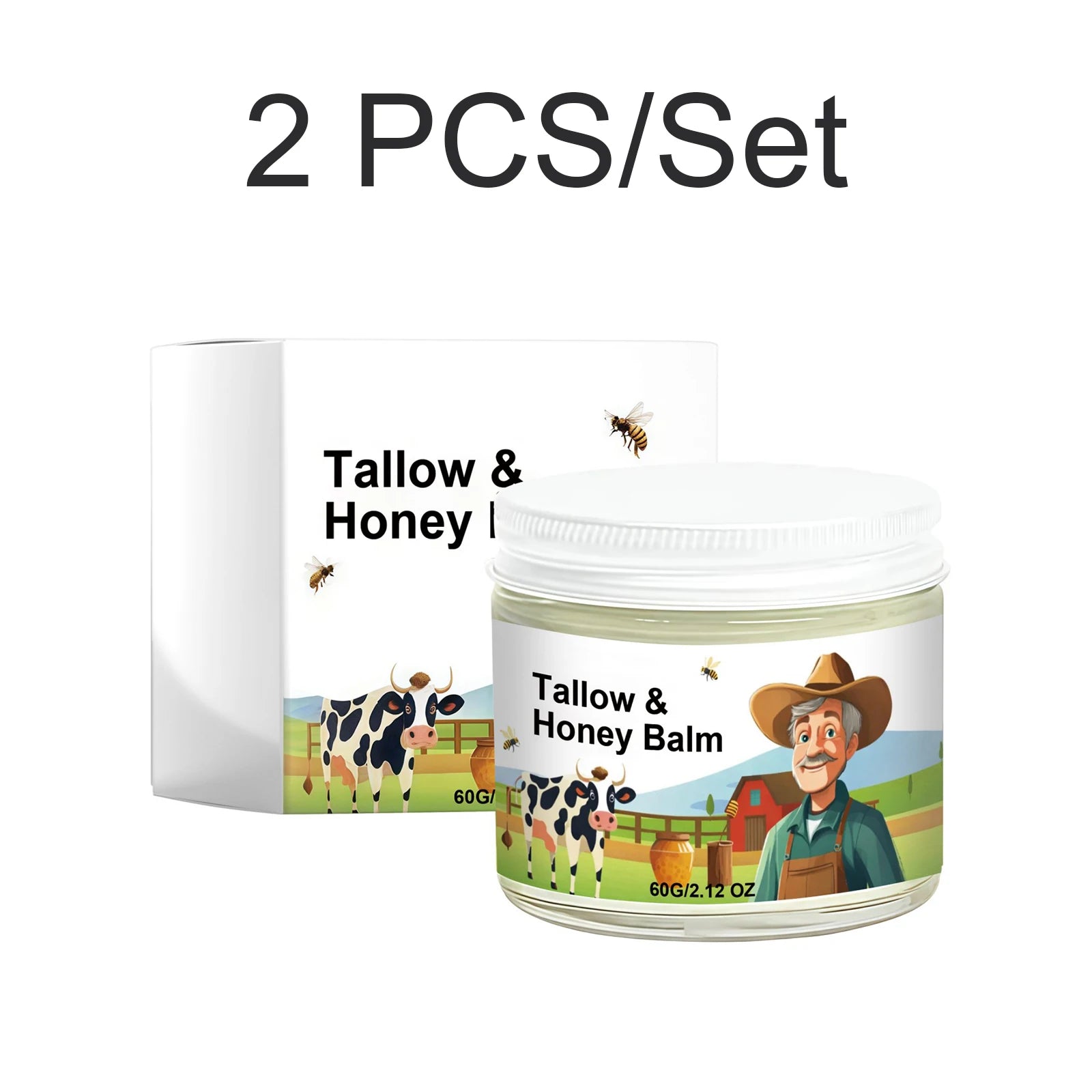 Beef Tallow Balm Grass Fed Raw Honey Moisturizing Cream Soft Smooth Skin Handmade Face & Body Moisturizer Dry Skin Nourishing Oasis Select 2 PCS