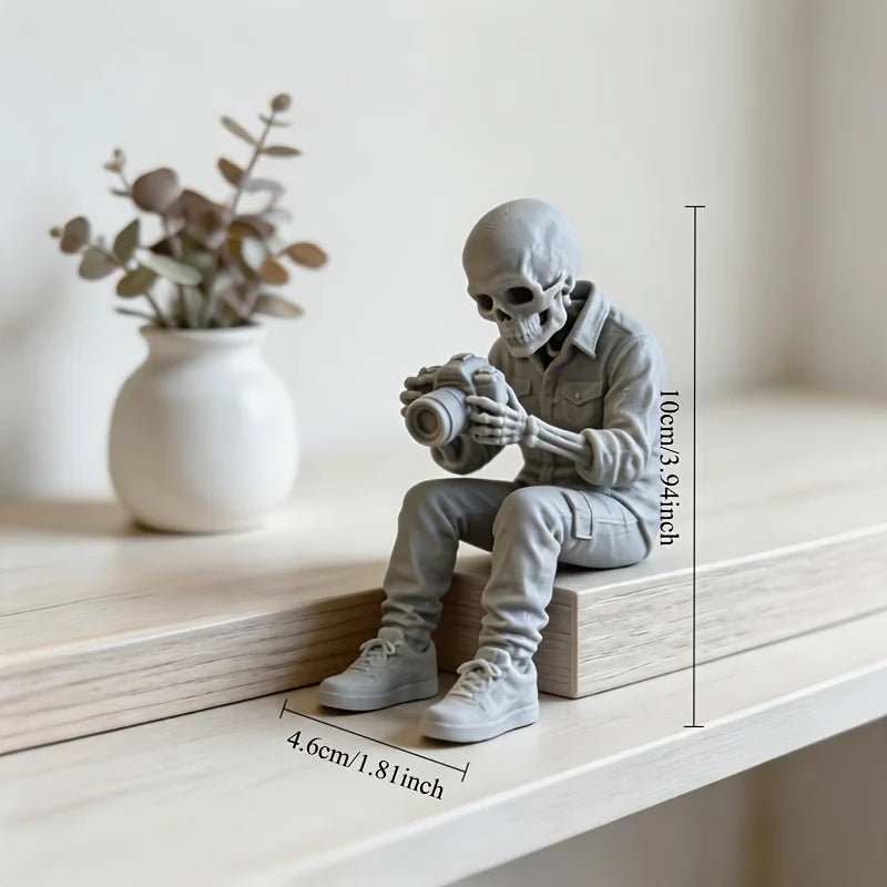Spooky Skeleton Photographer Mini Figurines Sitting Ornaments Decorations for Desktop Bookshelves Gothic Home Photographer Gifts Oasis Select