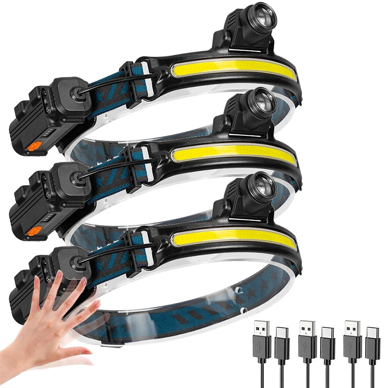 Powerful LED Sensor Headlamp USB Rechargeable Head Flashlight with 2000Mah Built in Battery Outdoor Camping Fishing Head Lantern Oasis Select 3PCS